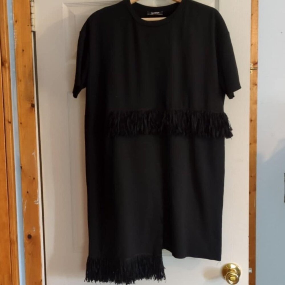 Zara Trafaluc Sz M Dress Black Asymmetrical Fringe Boho Whimsigoth Quirky Avant